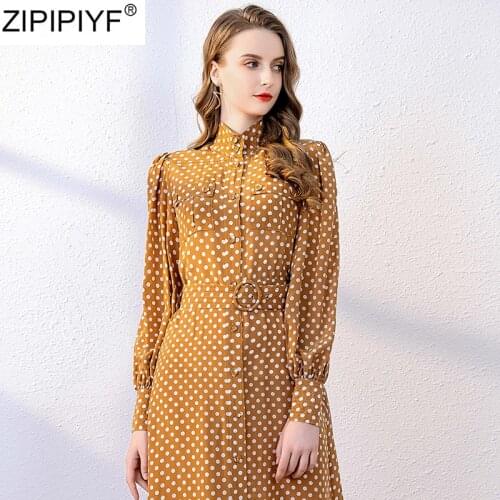 Women Spring Dress Fashion Polka Dot A-Line Dress Long Sleeve Stand Collar Female Casual Yellow Dress 2020 Retro Vestido Mujer