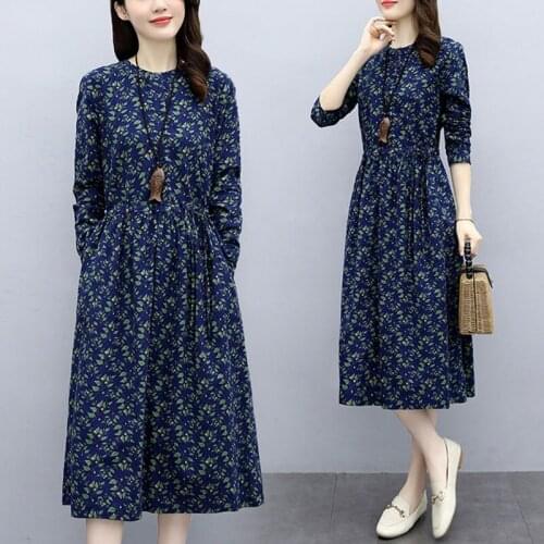 Woman Dress Summer Vintage Small Floral Dress Women Fall plus Size Loose round Neck Print Vestido De Mujer