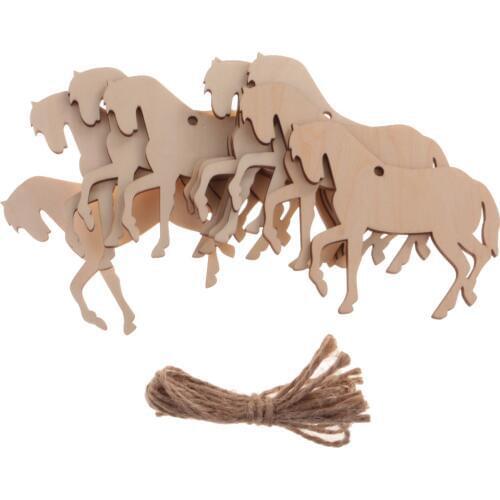 10Pieces Wood Horse Shape Cut Out Ornament Embellishment Tag with String