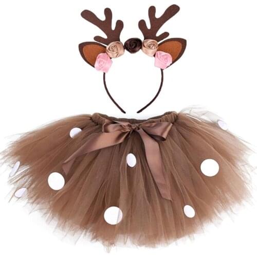 2021 Fluffy Brown Deer Girl Tutu Skirt Christmas Costume Kids Reindeer Tulle Skirt for Halloween Carnival Children Outfit