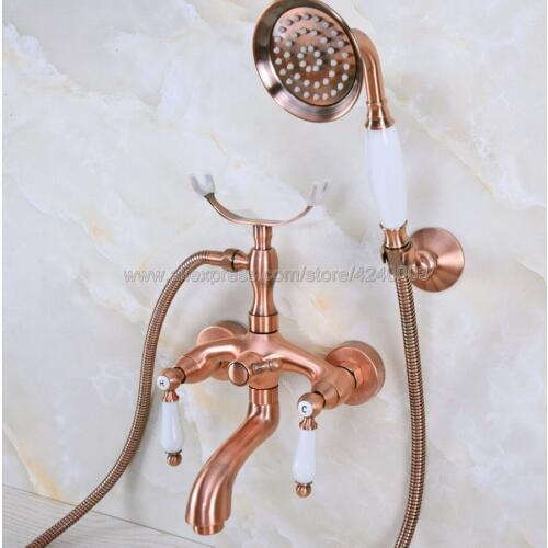 Antique Red Copper Bathtub Faucet Wall Mount Handheld Bath Tub Mixer System with Handshower Telephone Style Kna363