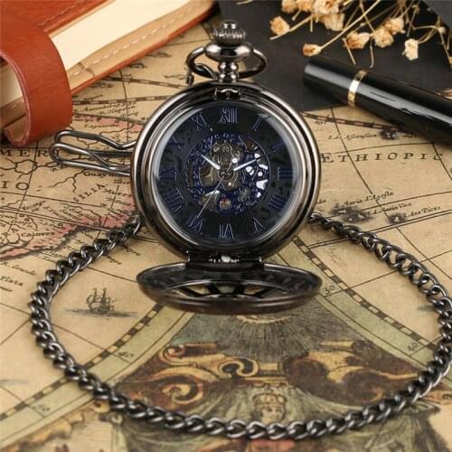 Antique Black Hollow Wheel Design Men Women Mechanical Hand-Winding Pocket Watch Pendant Chain Clock Roman Number Dial Gifts