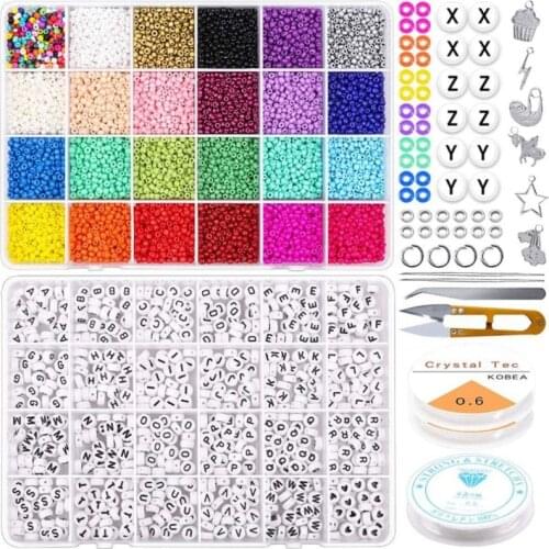 DIY Jewelry Making Kit 14400pcs 3mm Glass Seed Beads and Alphabet Letter Beads with Charms String Bracelets Accessories