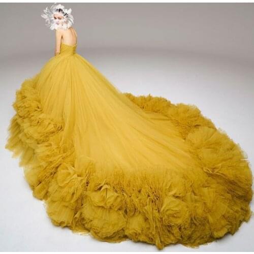 Elegant Party Dresses Fashion Long Tulle Tiered Gold Puffy Robe De Soiree Prom Gowns Off Shoulder Women Tulle Prom Gown