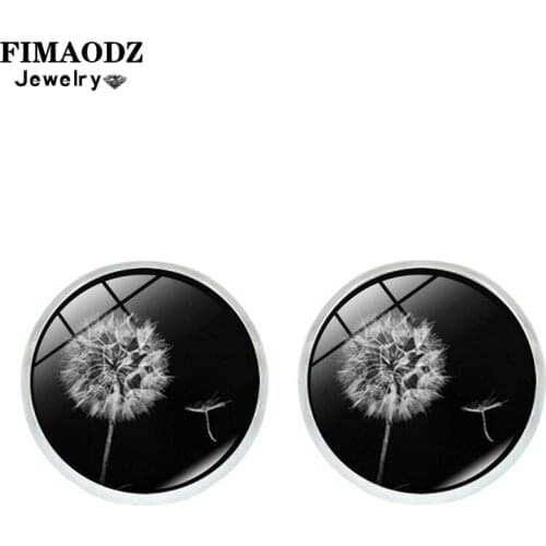 FIMAODZ Silver Dandelion Earrings for Women Girls Glass Photo Plant Seed Stud Earring Jewelry