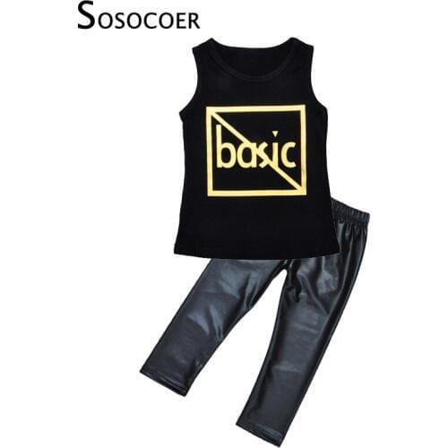 SOSOCOER Girls Clothing Set Summer Style Baby Clothes Letter Pattern Sleeveless T-shirt+PU Pants 2pcs Kids Boys Clothing Sets