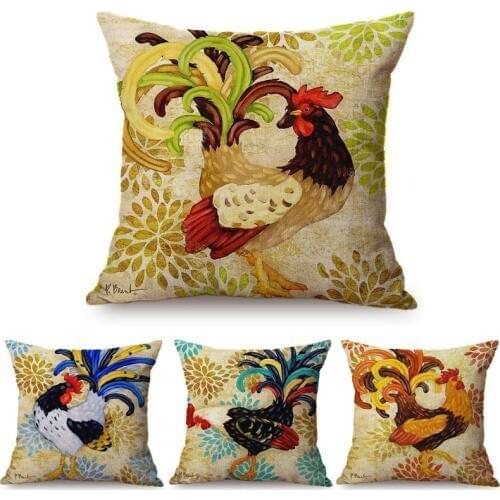 Colorful Cock Oil Painting Art Chicken Rooster Throw Pillow Cover Home Decorative Cotton Linen Sofa Cushion Cover Car Pillowcase