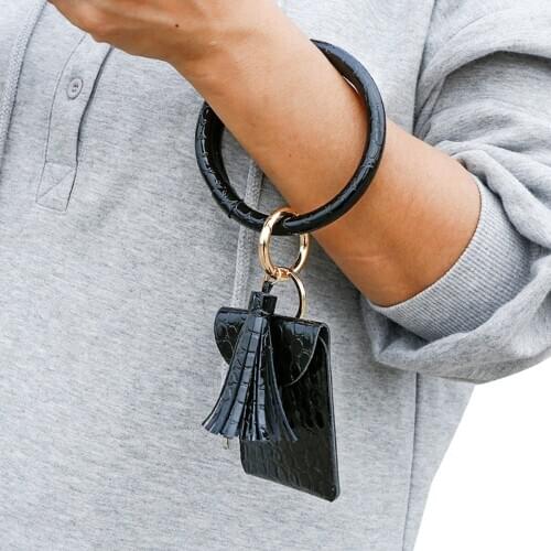 Creative Crocodile Crocodile Pattern Bracelet Keychain Card Holder Mini PU Leather Purse Wristlet with Circle Tassel ID Holders