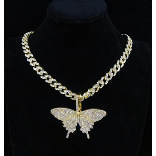 8MM 12MM Gold Color Butterfly Pendant 59MM 77MM Necklaces Charm Mens Women Fashion Hip Hop Rock Jewelry with Cuban miami Chain