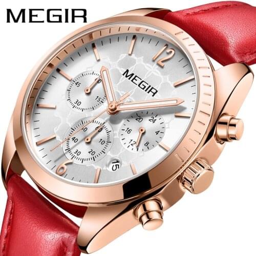 MEGIR 2115 Women Elegant Fashion Watche All-Match Multi-Function Chronograph Calendar Leather Female Wristwatches