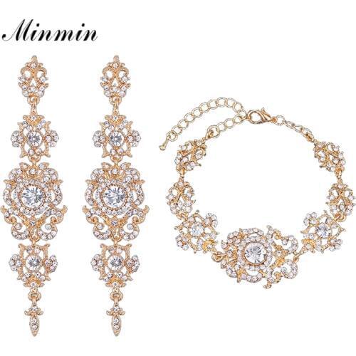 Minmin Gold/Silver Color Crystal Rhinestone Wedding Jewelry Sets Bracelet Earrings Sets for Brides Bridesmaid Party EH182+SL031