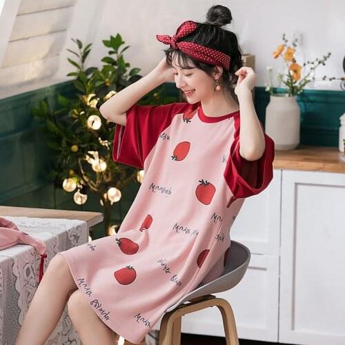 Nightgowns Women Printed Cartoon Half Sleeves Patchwork Candy Color Loose Lovely Sleepwear Outerwear Korean Style Nightwear Chic