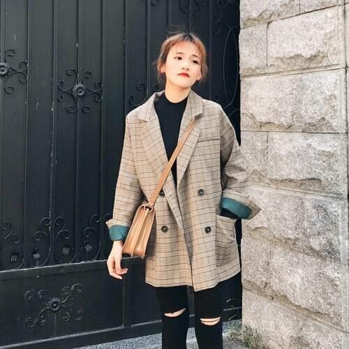 HStar autumn Classic Plaid Double Breasted Women Jacket Blazer Notched Collar Female Suits Coat Houndstooth Outwear