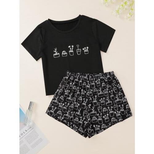 New Style Womens Cute Cartoon Pot Plant Short Sleeve T Shirts & Shorts Pajama Set Summer Comfortable Sleepwear Home Suits