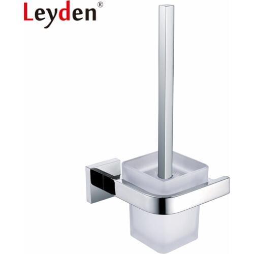 Leyden Stainless Steel Polished Chrome Toilet Brush Holder Glass with Cup Glass Wall Mounted Rounded Style Bathroom Accessories