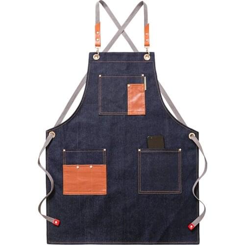 Adjustment Denim Restaurant Apron Waterproof Stain-Resistant with Two Pockets Pinafore Kitchen Chef Baking Cooking for Women Men