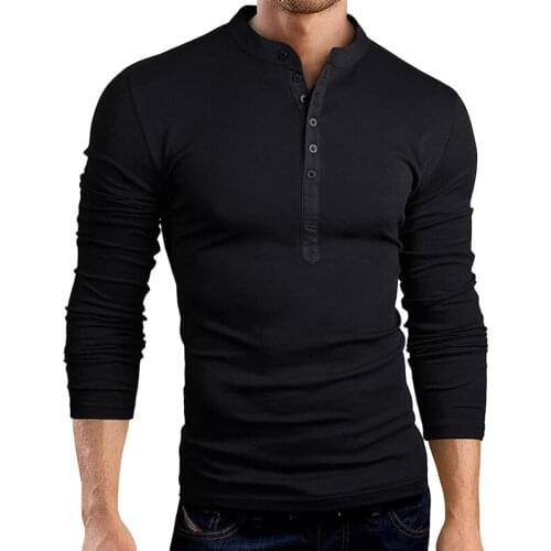 Spring Autumn Mens Slim Fit V Neck Button Long Sleeve Muscle Tee T-shirt Casual Tops Henley Shirts Hot Sales