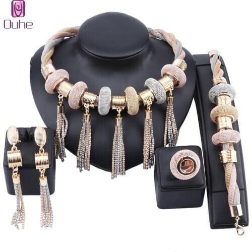 Bridal Gift Nigerian Wedding African Beads Jewelry Set Fashion Dubai Crystal Jewelry Costume Design Tassel Necklace Earring