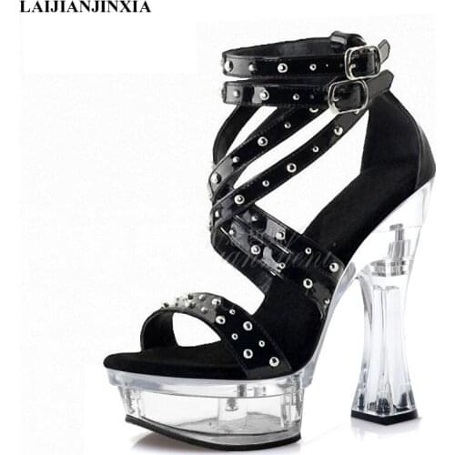 Super High Heeled Shoes Roman Hollow Metal Rivet Gothic Narrow Band 14 cm Spool Heels Nightclub Sandals Lady Pole Dancing Shoes