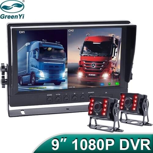 GreenYi 9 Inch AHD 1080P Recording Truck Vehicle DVR Recorder Parking IPS Monitor With Front Rear IR Night Vision AHD Camera