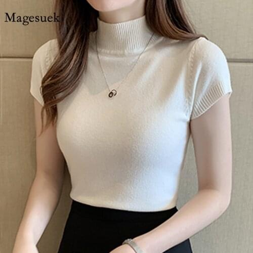 Korean Knitted Turtleneck Blouse Women 2021 Summer Solid Slim Casual Clothing Women Short Sleeve Top Blusa Mujer De Moda 8622 50