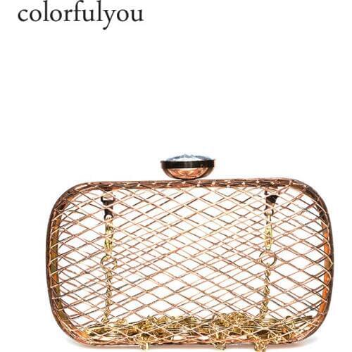 Women Metal Hollow Out Evening Clutch Bags Cross Net Diamond Buckle Chain shoulder bag Hand Bag Bridal Wedding Party Wallet