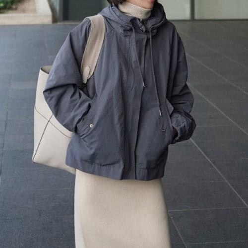 Korean Womens Clothes New 2021 Hooded Loose And Simple Design Long Sleeve Spring Autumn Windbreaker Windproof Jacket zh412