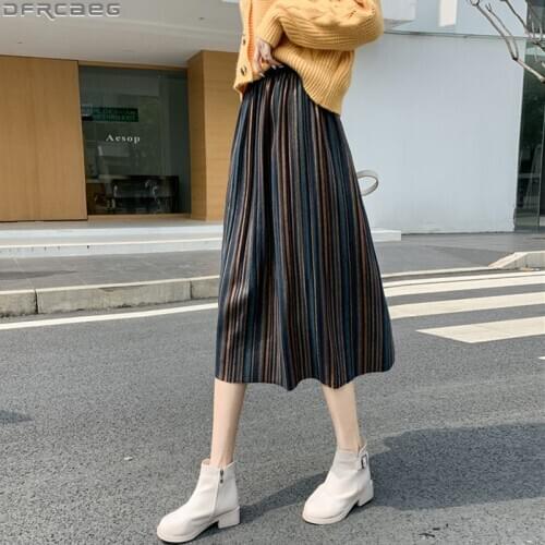 New Striped Midi Skirt For Women Vintage Loose Elastic High Waist Jupe Plissee Femme Woolen Velvet Autumn Winter Pleated Skirts