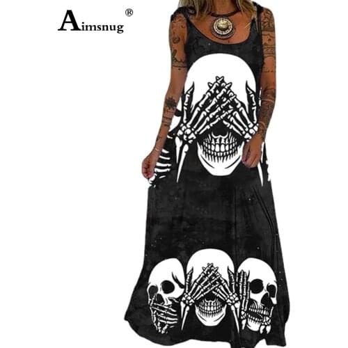 Aimsnug 2021 Summer Ladies Elegant Fashion Long Maxi Dress Gothic Skull Print Dresses Women Casual Loose Dress Plus size S-5XL
