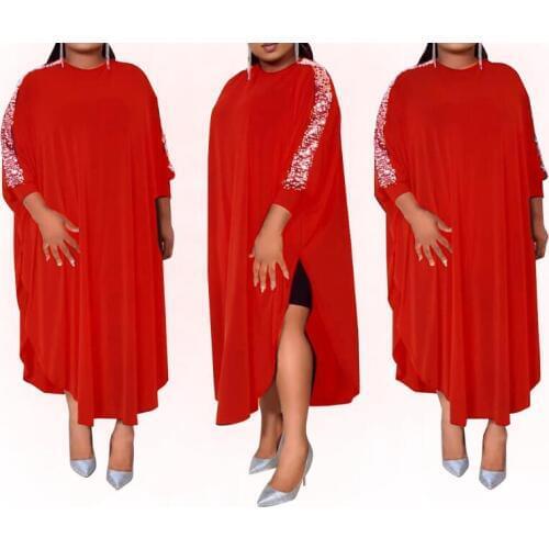 New Fashion pull over Plus Size Casual Women Long Dress Party patchwork lace Long Sleeve Sexy High Spilt Design Oversize Dress