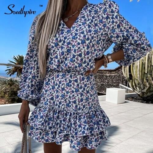 Southpire Womens V-Neck Blue Floral Print Elegant Casual Dress Ladies Long Sleeve Loose Mini Party Dress 2021 Daily Clothing