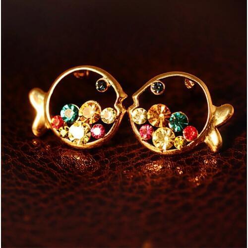 10 pairs/lot Fish Stud Earrings Multicolor Hollow Rhinestone Cubic Zirconia Earring For Women Ear Fashion Crystal Jewelry