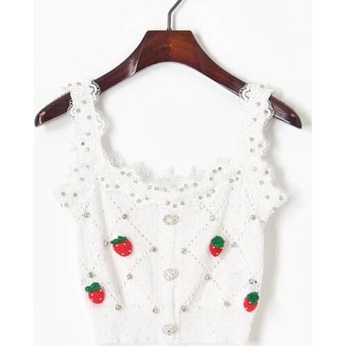 2020 Summer White Crop Top 3D Strawberry Appliques Beaded Tank Tops Backless Spaghetti Strap Sweater Shirt Knit Tank Crop Tops