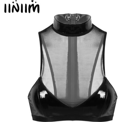 Adult Womens Latex Evening Parties Sexy Pole Club Vest Tops Sheer Mesh Patent Leather Back Zip Up Unlined Wireless Bra Tops
