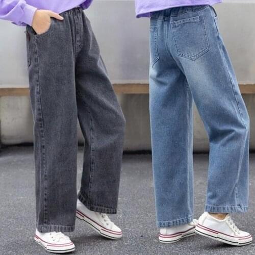 Autumn Winter Kids Children Plus Velvet Jeans Trousers For Big Girls School Denim Wide Leg Pants 4 11 12 13 14 Years Old