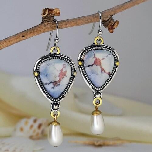 Elegant Pearl Drop Dangle Earrings Vintage Ethnic Two Tone Jewelry Bohemia Blue Waterdrop Statement Dangle Earrings