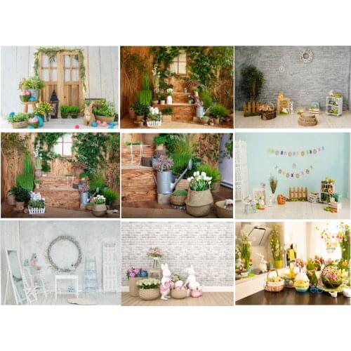Seekpro Backdrop for Photography Easter Holiday Bunny Wood Floor Eggs Flowers Spring Background Decorations Printed Backdrops