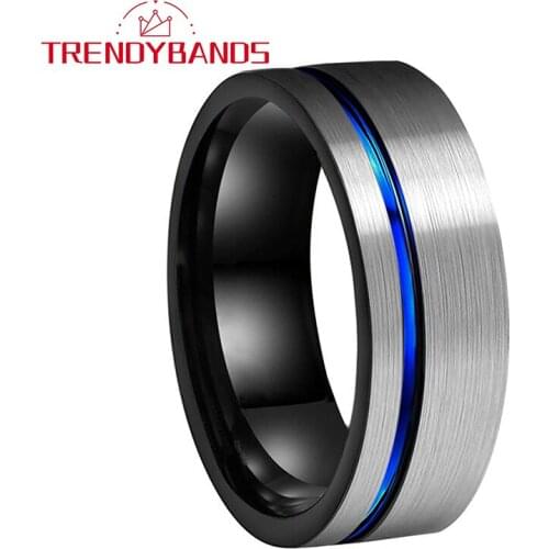 Black 8MM Two-Tone Tungsten Carbide Rings Wedding Bands For Men Women Blue Groove And Brushed Finish Comfort Fit