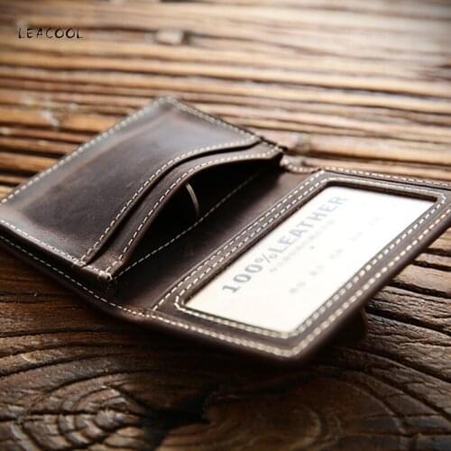LEACOOL Genuine Leather Credit Card Holder Vintage Men Short Handmade Bifold Slim Small Man Wallet Purse Driver License Case