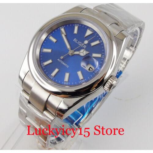 BLIGER Blue Automatic Men Watch 21 Jewels MIYOTA 8215 Movement Sapphire Crystal Steel Band Date Display