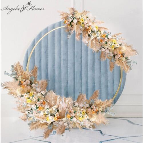 Custom artificial flower row champagne wedding props iron arch background decor party stage golden plants flower arrangement DIY