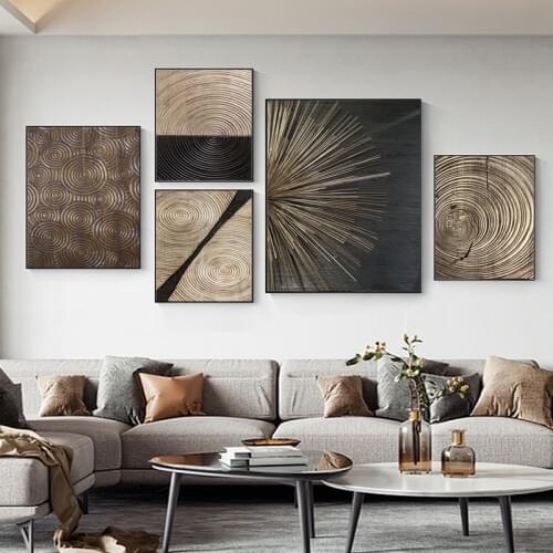 Wall Prints Abstract Retro Black Gold Wood Art Posters 3D Tree Ring Radial Lines Nordic Canvas Picture Home Room Decor Paintings