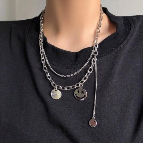 Emo Smiley Necklace Long Stainless Steel Chain Kurapika Punk Cuban Chain Couple Indie Mens Necklace Cool Jewelry 2021