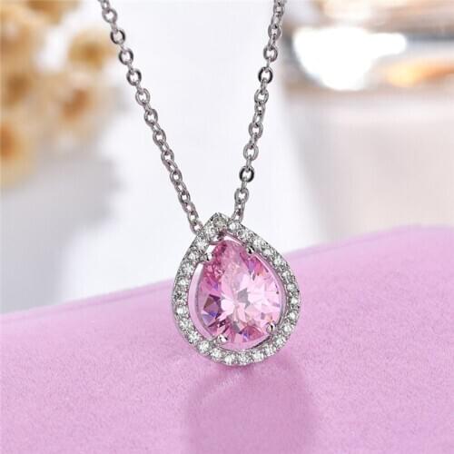 Pink zircon water drop pendant jewellery for girls wedding bijoux accessorieis silver plated teardrop design necklaces gift