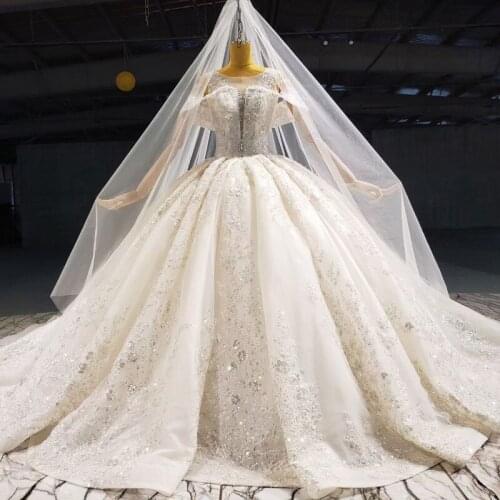 Full Beading Ball Gown Wedding Dresses 2021 Long Sleeves Crystal Off The Shoulder Arabic Bridal Gowns Vintage Robe De Mariee