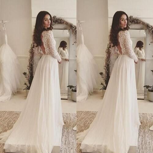 Simple Elegant Bohemian Wedding Dresses Deep V Neck Lace Long Sleeves Chiffon Floor Length Beach Backless Bridal Gowns
