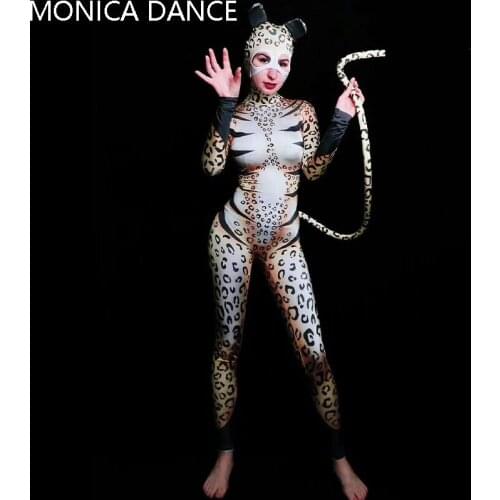 Sexy Stage Leopard Pattern Cat Cosplay Jumpsuit Women Singer Bodysuit Stage Outfit Dance Prom Bar Model Show Birthday Jumpsuit