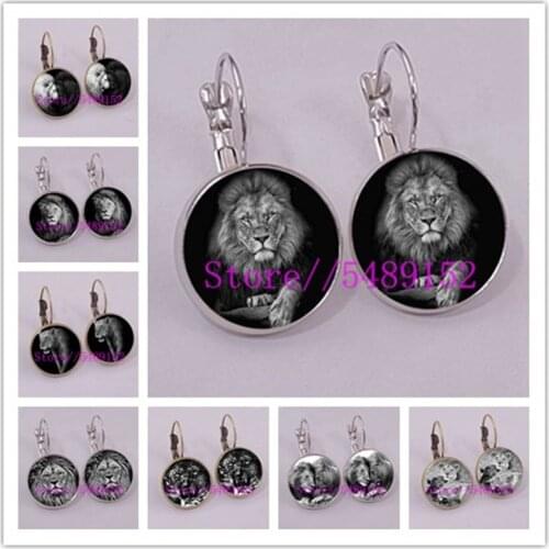 White and Black Lion Earrings, leopard Earrings Wild Animal Art Photo Glass Round shape Earrings