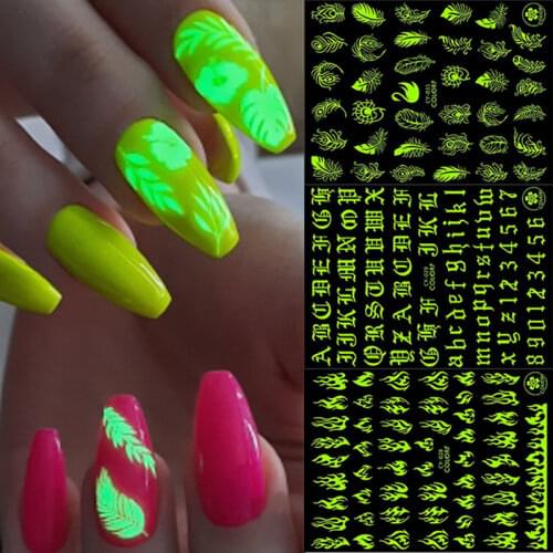 Luminous Effect 3D Nail Art Stickers Leaf Fire Alphabet Number Design Nail Art Decoration Manicures Tips Tools Transfer Decals