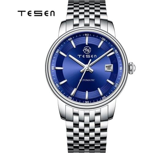 TESEN Men Luxury Brand Watches Men Automatic Mechanical Blue Watch 50M Waterproof Casual Business stainless steel Wristwatch